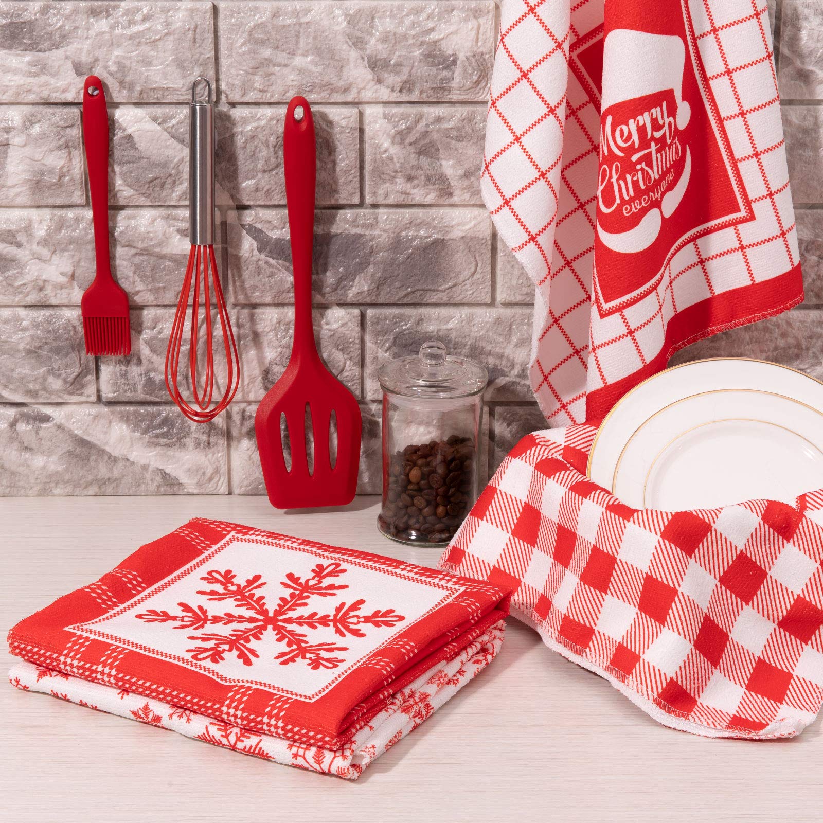 Whaline Christmas Kitchen Towel Red White Plaid Dish Towel Snowflake Xmas Tree Soft Dishcloth Large Size Decorative Holiday Cloth Towel for Christmas Home Kitchen Coking Baking, 4 Designs, 28 x 18