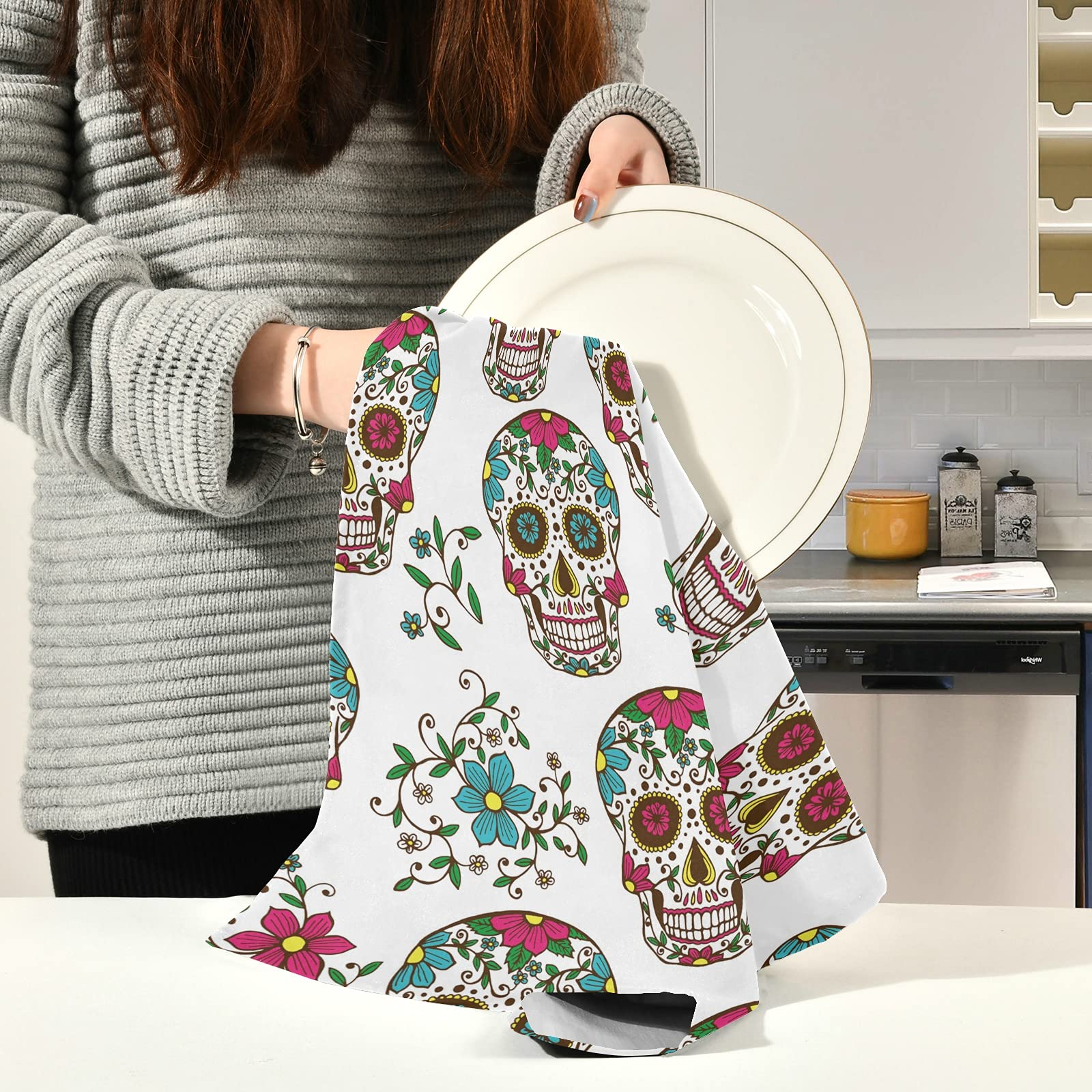 ALAZA Day of The Dead Sugar Skull Flower Halloween Kitchen Towels Dish Bar Tea Towel Dishcloths 1 Pack Super Absorbent Soft 18 x 28 inches