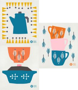 trendy tripper swedish dishcloths/sponge cloths - anna kovecses midcentury designs - set of 3 kettle/cups/bowls (cobalt blue/yellow/orange on natural)
