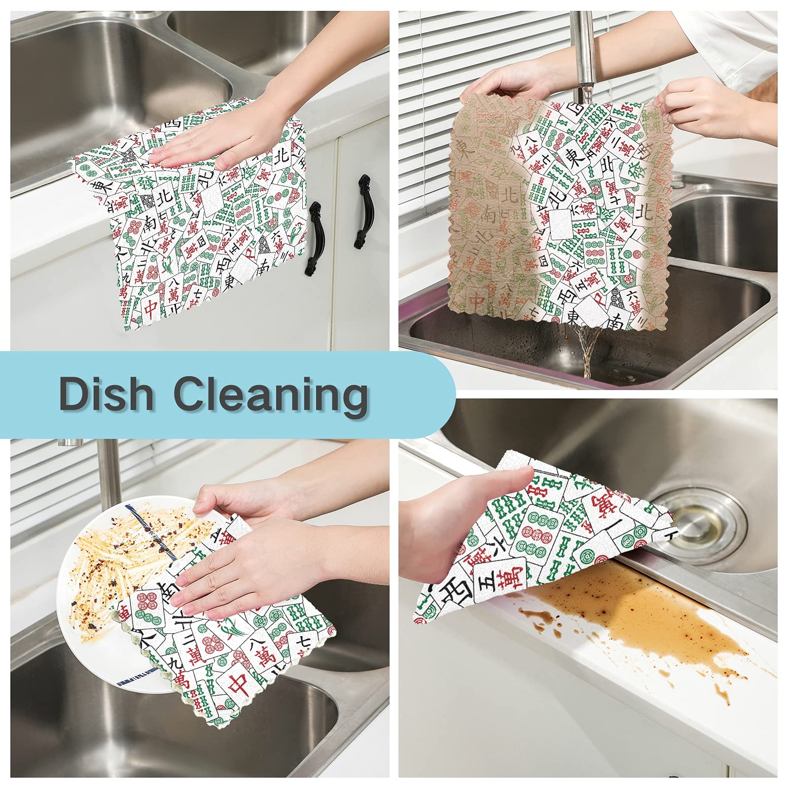 KLL Mahjong Kitchen Dishcloths Set of 6 Cleaning Towels for Drying Dishes Scrubbing Wash Cloth for Sink Cooking Baking Table 11 x 11 in