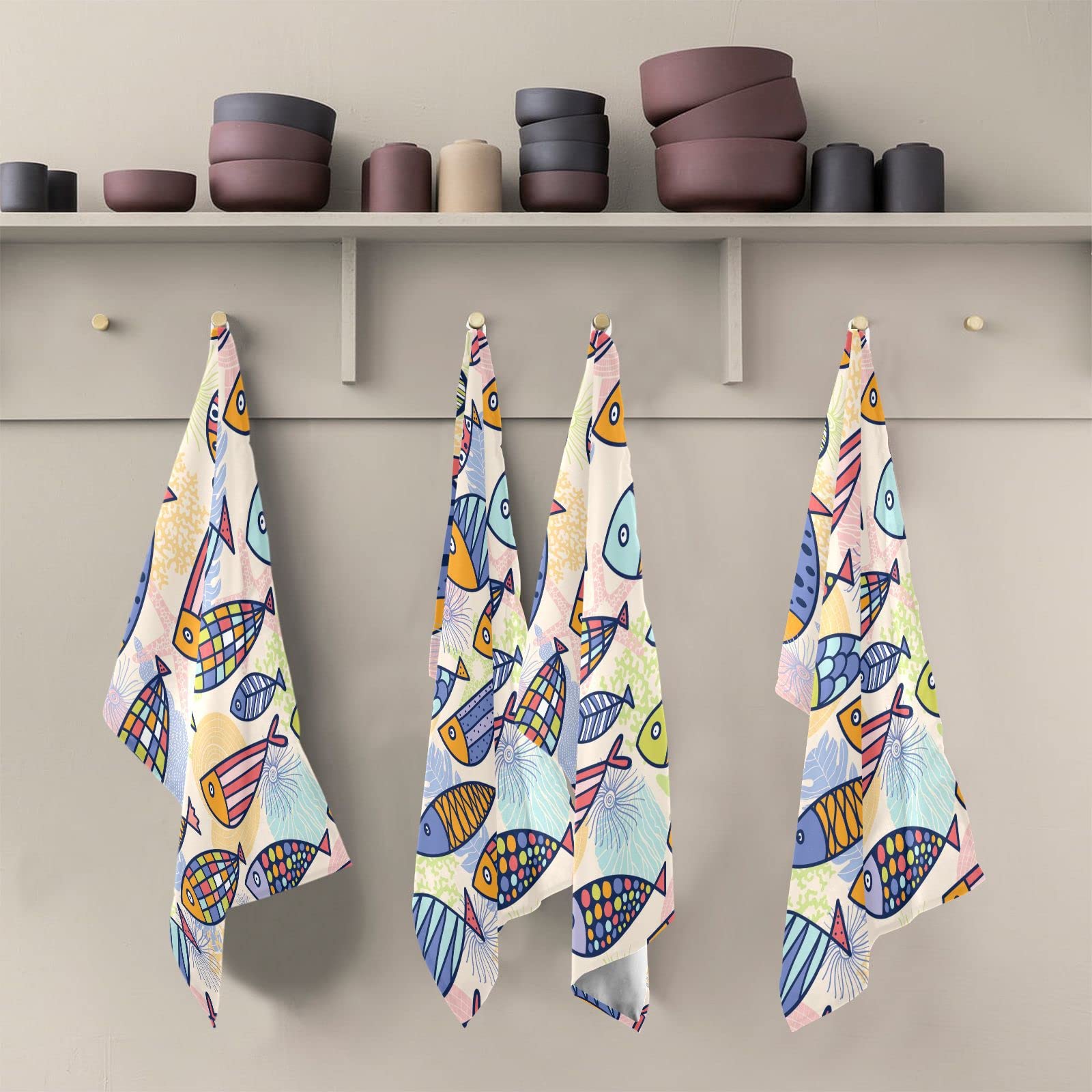 Kigai Cartoon Fish Kitchen Towels 18x28inch Ultra Soft Absorbent Quick Drying Kitchen Dish Towels Washable Cleaning Cloths Hand Towels Tea and Bar Towels, 6 Pack