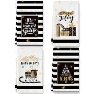 anydesign christmas kitchen towel black white stripe dish towel gold snowflake happy holiday tea towel 18 x 28 inch farmhouse hand drying towel for cooking baking, set of 4