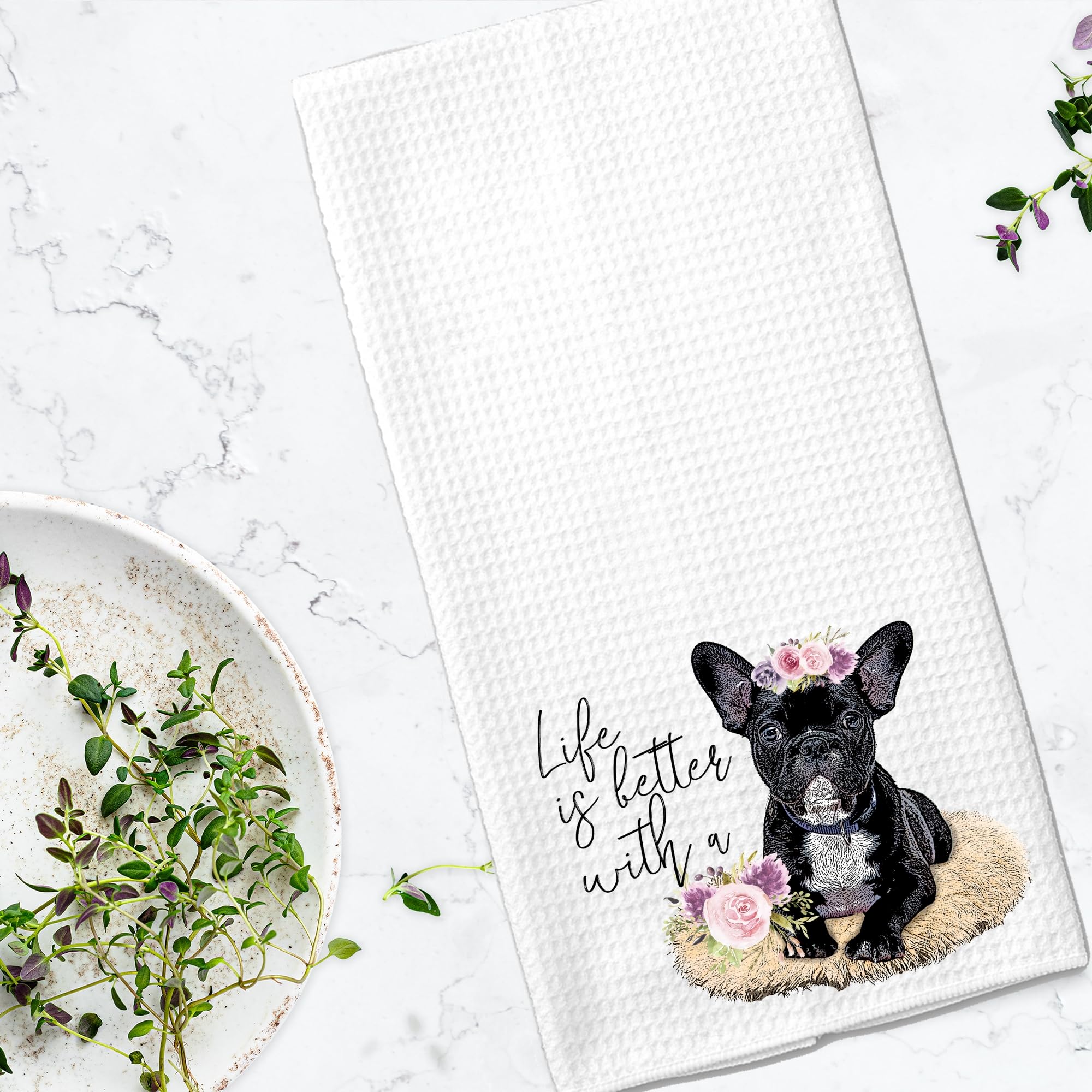 Life is Better with a Frenchie French Bulldog Waffle Microfiber Kitchen Tea Bar Towel Gift for Animal Dog Lover