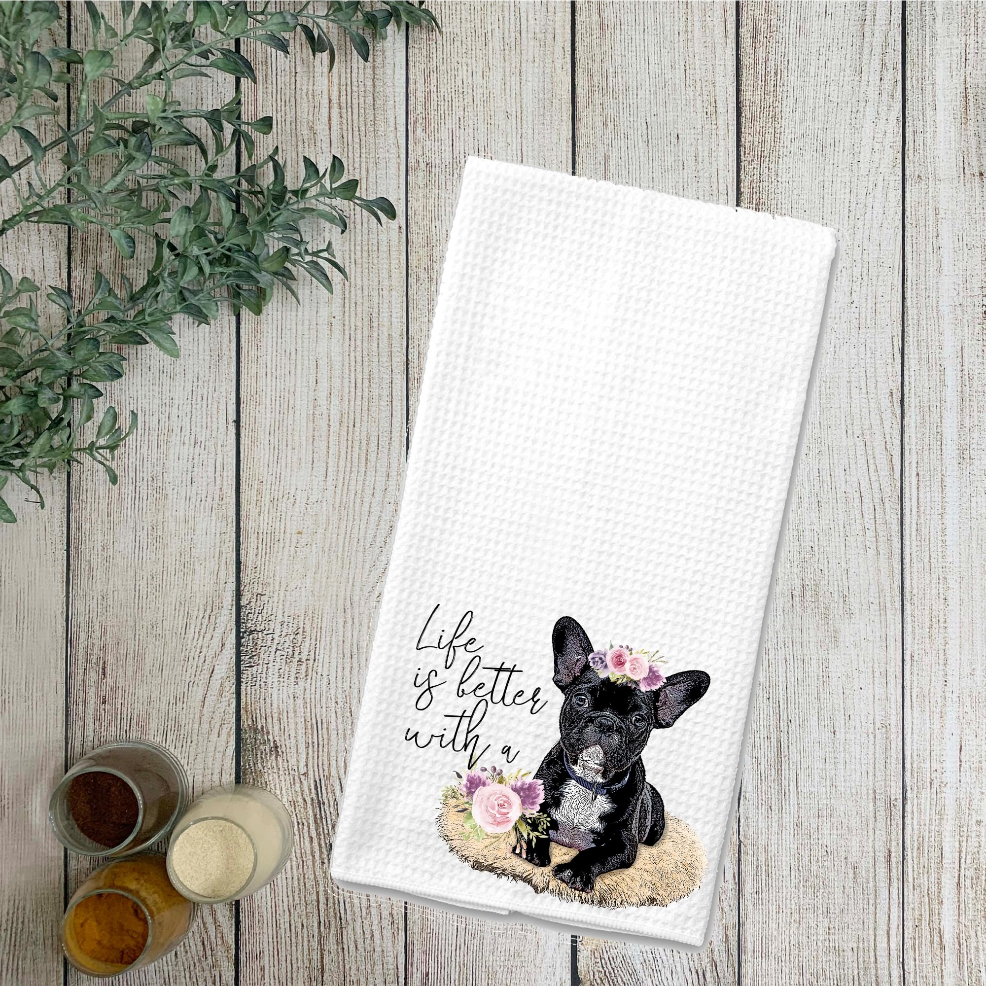 Life is Better with a Frenchie French Bulldog Waffle Microfiber Kitchen Tea Bar Towel Gift for Animal Dog Lover