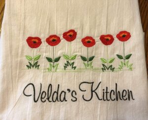 personalized embroidered tea towel, poppy border, flour sack dish towel, bridal shower or weddinggift under 20