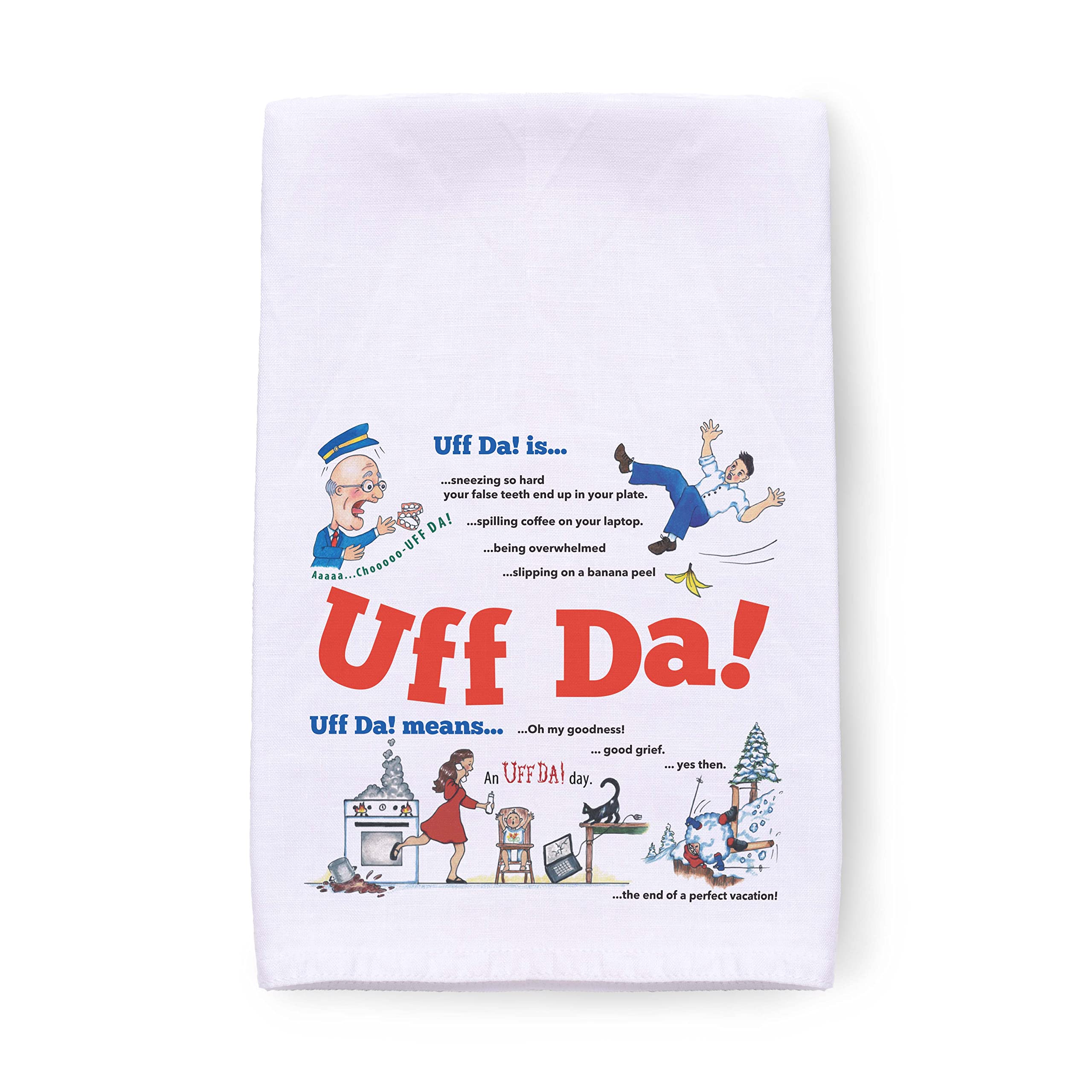 ScandinavianGiftOutlet | Norwegian “Uff Da” 24x24" Decorative Print, Flour Sack Dish Towels, 100% Cotton Flour Sack Kitchen Towels | Unique Gift with Loop for Easy Hanging.