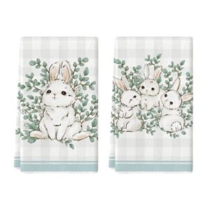 artoid mode buffalo plaid rabbit bunny eucalyptus leaves easter kitchen towels dish towels, 18x26 inch seasonal spring holiday decoration hand towels set of 2