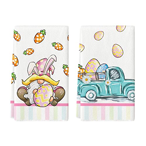 Artoid Mode Stripes Gnome Truck Egg Happy Easter Kitchen Towels Dish Towels, 18x26 Inch Seasonal Decoration Hand Towels Set of 2