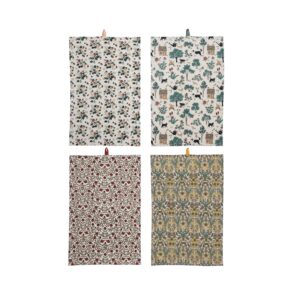 creative co-op cotton printed pattern, 4 styles tea towels, 28" l x 18" w x 0" h, multicolor