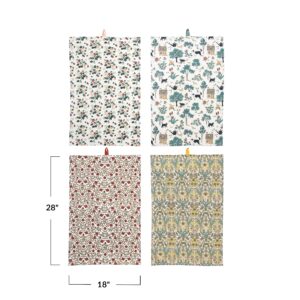 Creative Co-Op Cotton Printed Pattern, 4 Styles Tea Towels, 28" L x 18" W x 0" H, Multicolor