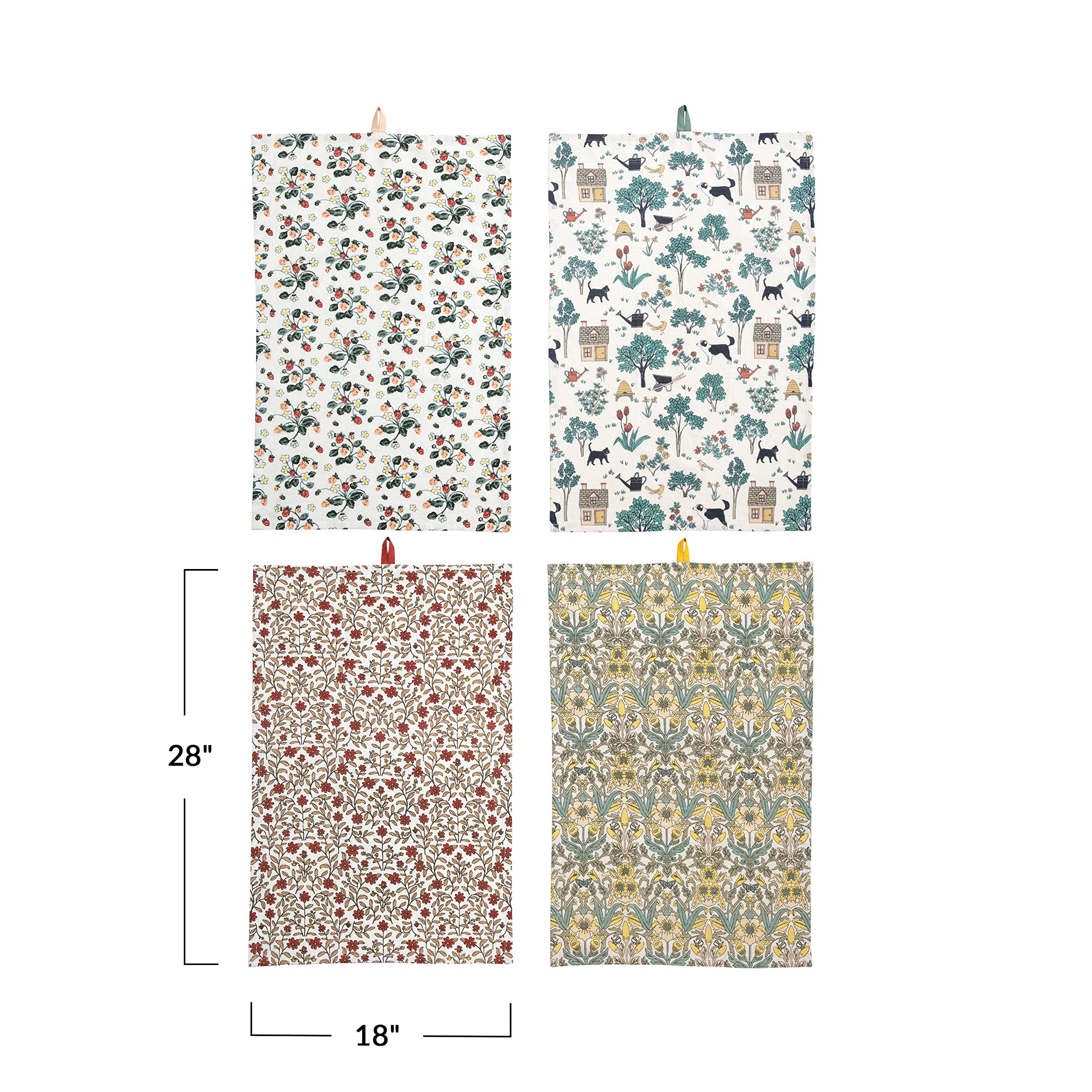 Creative Co-Op Cotton Printed Pattern, 4 Styles Tea Towels, 28" L x 18" W x 0" H, Multicolor