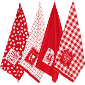 whaline valentine's day kitchen towel red white dish towel heart love plaid dishcloth large tea towel decorative holiday cloth towel for valentine's day home kitchen coking baking, 4 designs, 28 x 18
