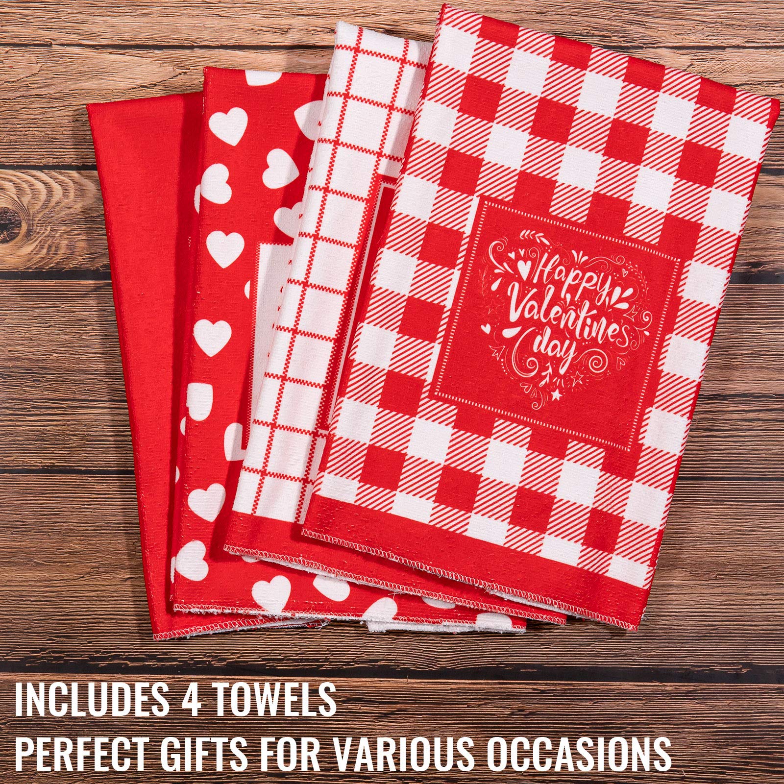 Whaline Valentine's Day Kitchen Towel Red White Dish Towel Heart Love Plaid Dishcloth Large Tea Towel Decorative Holiday Cloth Towel for Valentine's Day Home Kitchen Coking Baking, 4 Designs, 28 x 18