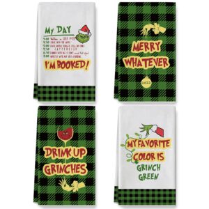 anydesign christmas kitchen towel green black buffalo plaids dish towel 28 x 18 inch merry whatever cartoon character tea towel xmas decorative hand drying towel for kitchen cooking baking, 4 pack