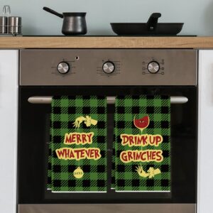 AnyDesign Christmas Kitchen Towel Green Black Buffalo Plaids Dish Towel 28 x 18 Inch Merry Whatever Cartoon Character Tea Towel Xmas Decorative Hand Drying Towel for Kitchen Cooking Baking, 4 Pack