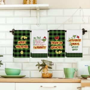 AnyDesign Christmas Kitchen Towel Green Black Buffalo Plaids Dish Towel 28 x 18 Inch Merry Whatever Cartoon Character Tea Towel Xmas Decorative Hand Drying Towel for Kitchen Cooking Baking, 4 Pack