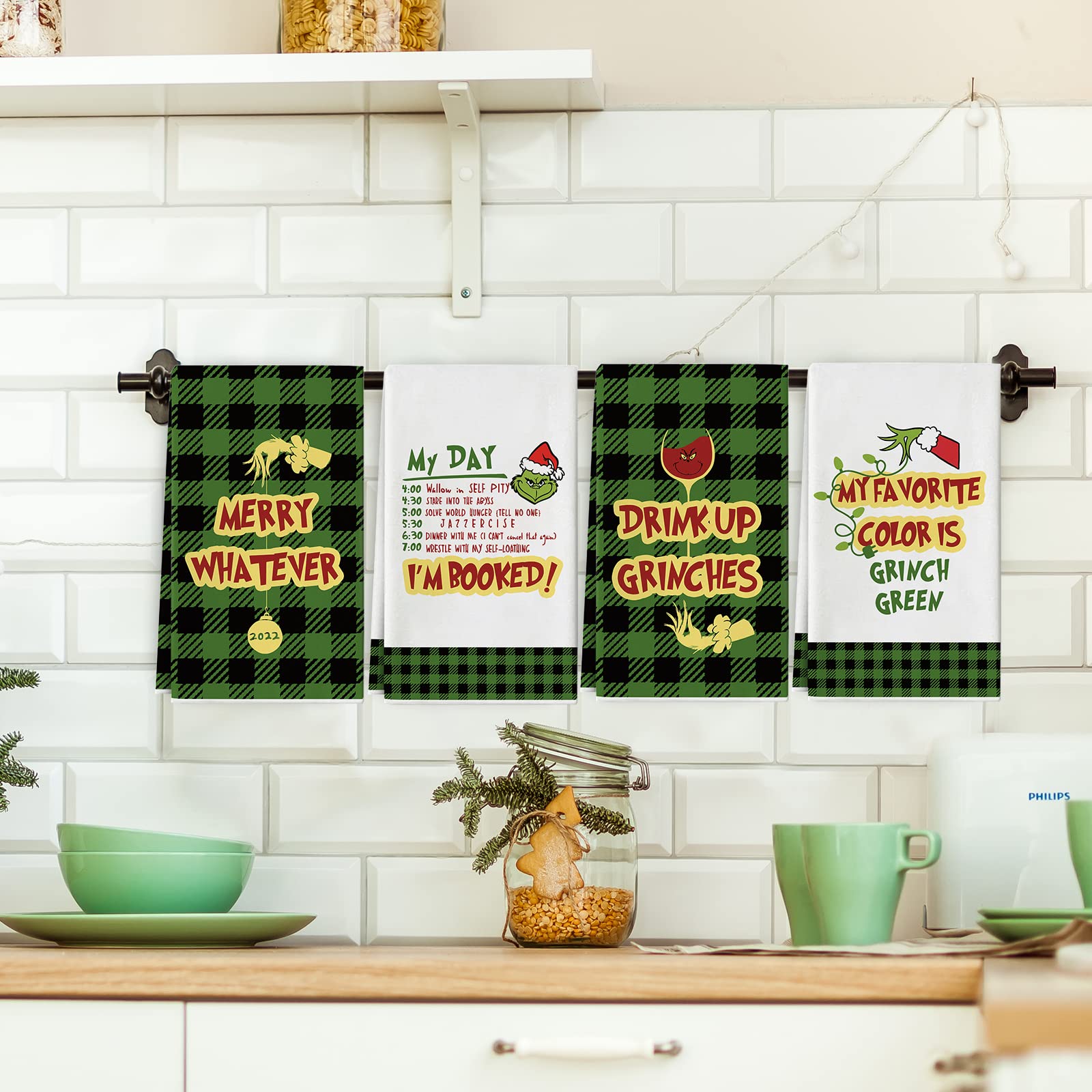 AnyDesign Christmas Kitchen Towel Green Black Buffalo Plaids Dish Towel 28 x 18 Inch Merry Whatever Cartoon Character Tea Towel Xmas Decorative Hand Drying Towel for Kitchen Cooking Baking, 4 Pack