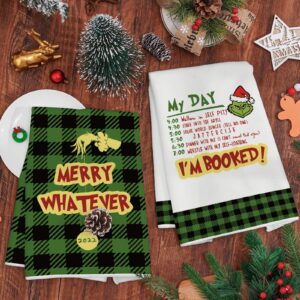 AnyDesign Christmas Kitchen Towel Green Black Buffalo Plaids Dish Towel 28 x 18 Inch Merry Whatever Cartoon Character Tea Towel Xmas Decorative Hand Drying Towel for Kitchen Cooking Baking, 4 Pack