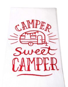 rv camping decor - embroidered flour sack towel - red on white - camper sweet camper - handmade by green acorn kitchen