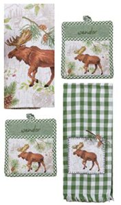 dhe piece wilderness moose pinecone trails kitchen accessory bundle, 1 dual purpose towel, 1 applique towel and 2 pocket mitts multi colored