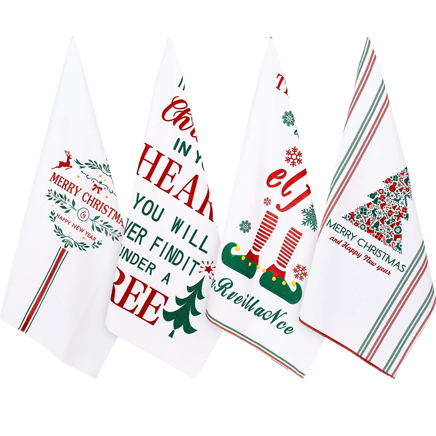 Whaline Christmas Dish Towel Set, White Winter Holiday Kitchen Dishtowels 18" x 28" Oversized Tea Dish Towels for Holiday, Home Decor, Gift-Christmas, 4 Pack