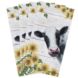 chucoco dish towels for kitchen, hand towel cleaning cloths yellow sunflowers with black white cow absorbent fast drying dish rags, cattle animals wood board bathroom cloth set of 4 with hanging loop