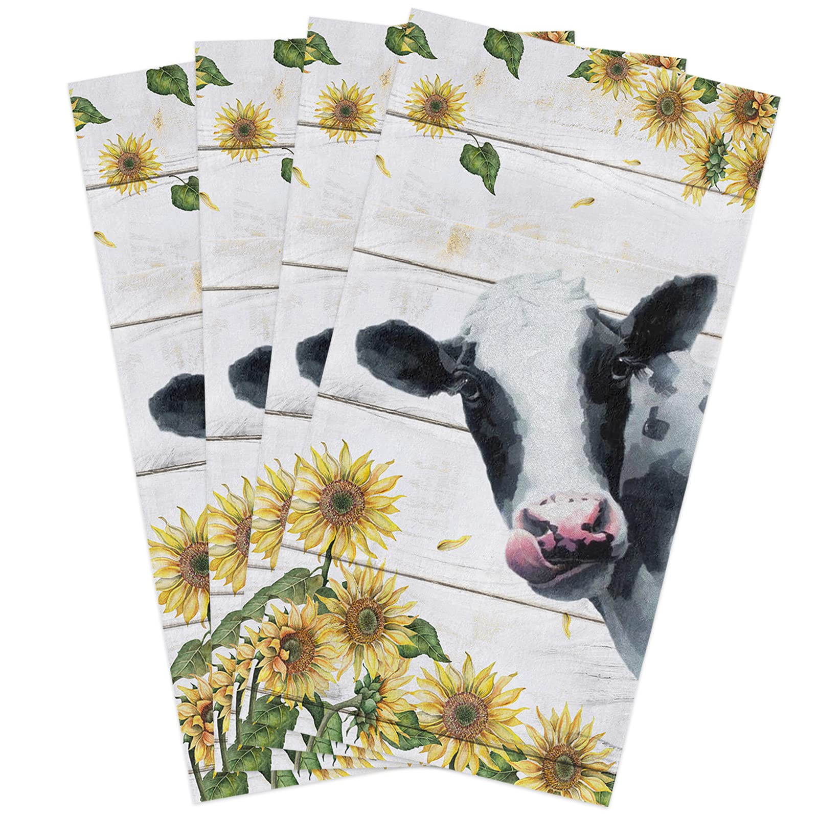 Chucoco Dish Towels for Kitchen, Hand Towel Cleaning Cloths Yellow Sunflowers with Black White Cow Absorbent Fast Drying Dish Rags, Cattle Animals Wood Board Bathroom Cloth Set of 4 with Hanging Loop