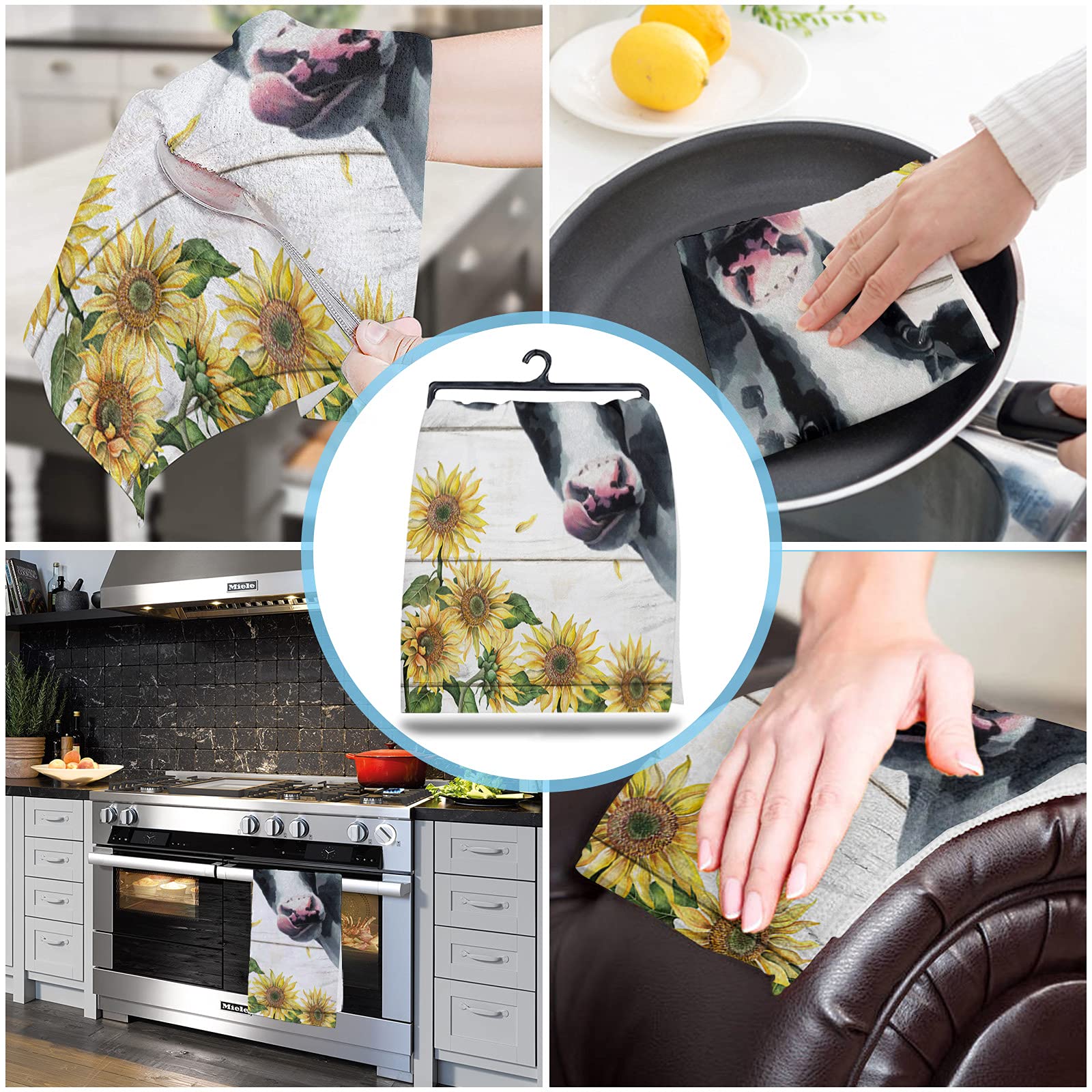 Chucoco Dish Towels for Kitchen, Hand Towel Cleaning Cloths Yellow Sunflowers with Black White Cow Absorbent Fast Drying Dish Rags, Cattle Animals Wood Board Bathroom Cloth Set of 4 with Hanging Loop