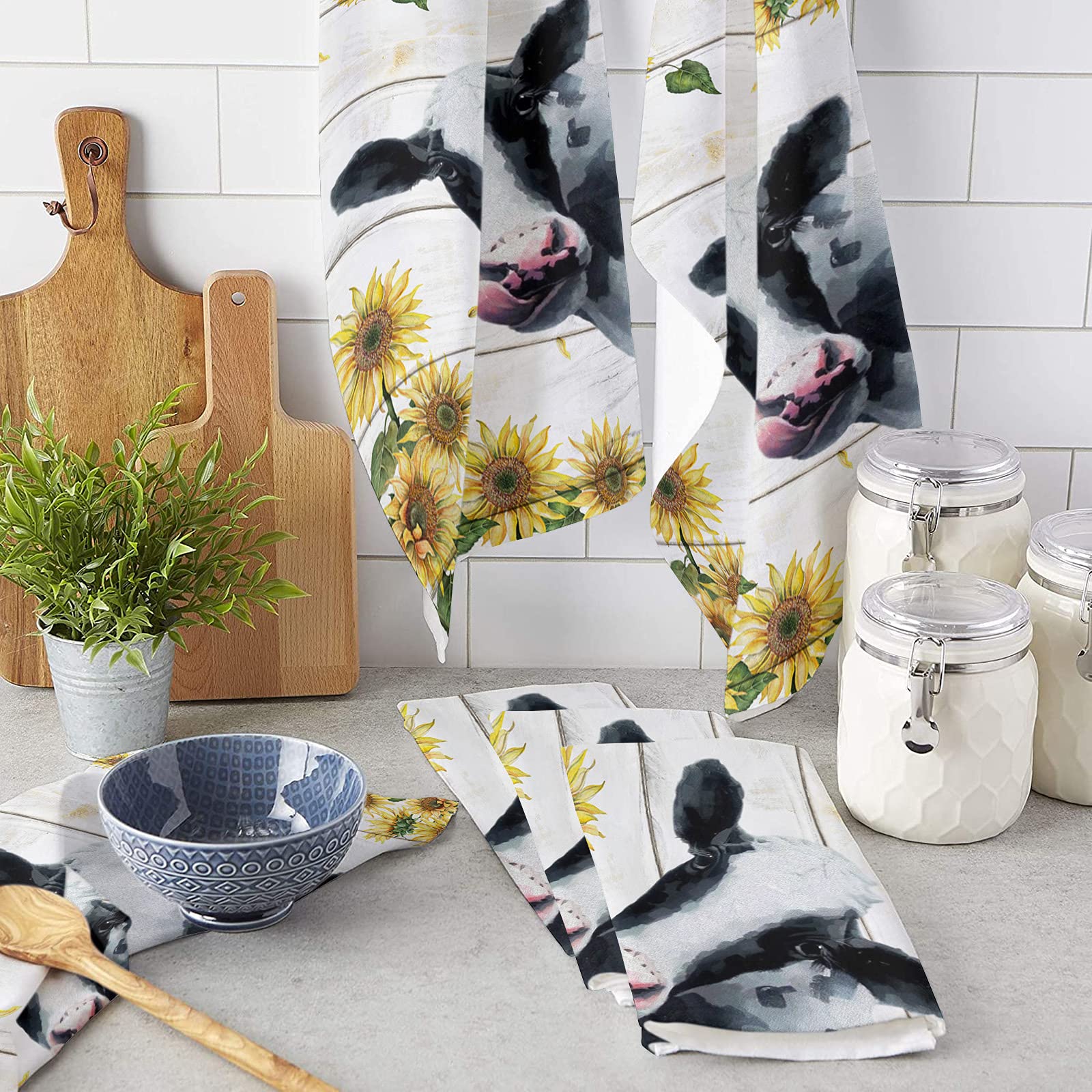 Chucoco Dish Towels for Kitchen, Hand Towel Cleaning Cloths Yellow Sunflowers with Black White Cow Absorbent Fast Drying Dish Rags, Cattle Animals Wood Board Bathroom Cloth Set of 4 with Hanging Loop