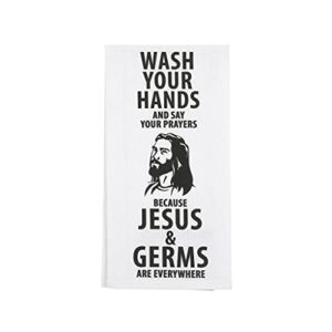 enesco our name is mud wash your hands jesus and germs tea towel dish cloth, 26.5 inch, white