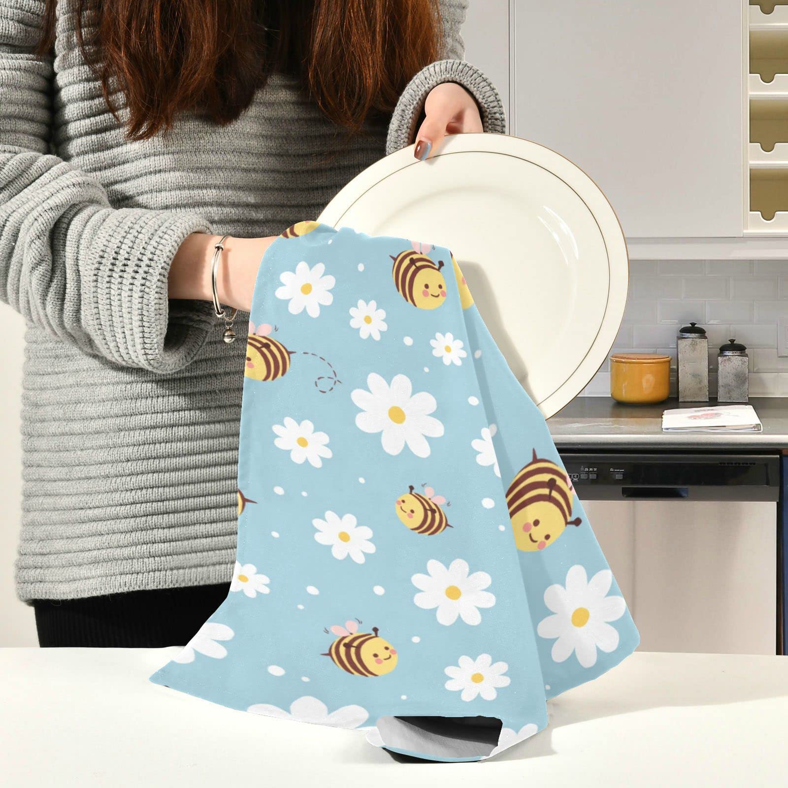 Kigai Bee and Daisy Kitchen Towels, 18 x 28 Inch Super Soft and Absorbent Dish Cloths for Washing Dishes, 4 Pack Reusable Multi-Purpose Microfiber Hand Towels for Kitchen