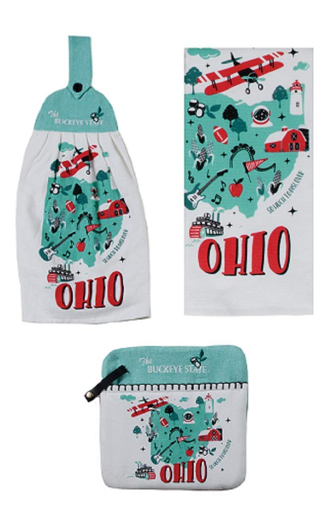 3 Piece State Of Ohio Retro Road Trip Decorative Kitchen Bundle, 2 Dish Towels and Pocket Mitt