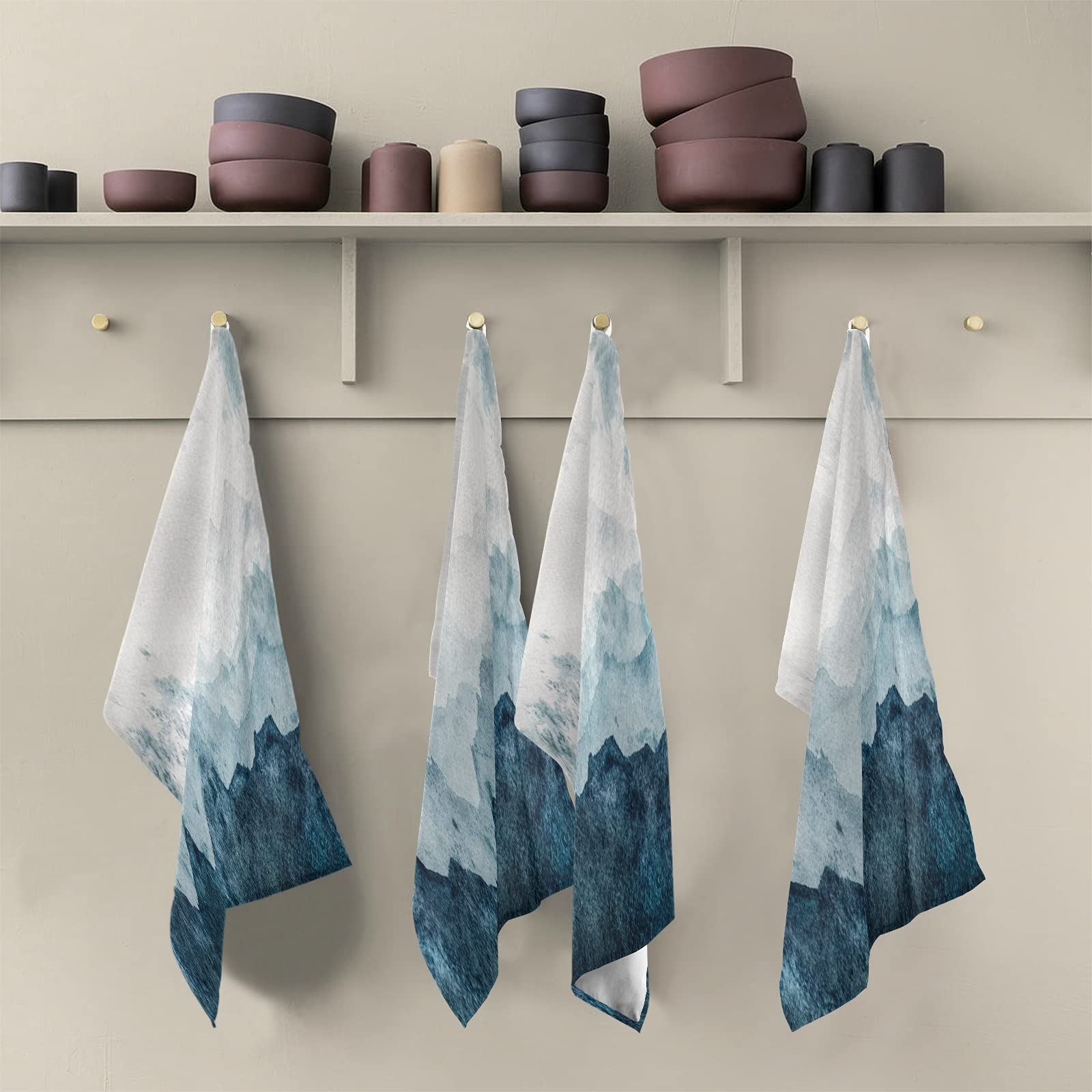 KEEPREAL Blue Watercolor Mountains Kitchen Dish Towel Set of 4 | 18 x 28 Inch Tea Towels | Ultra Soft and Absorbent Cleaning Cloths Set