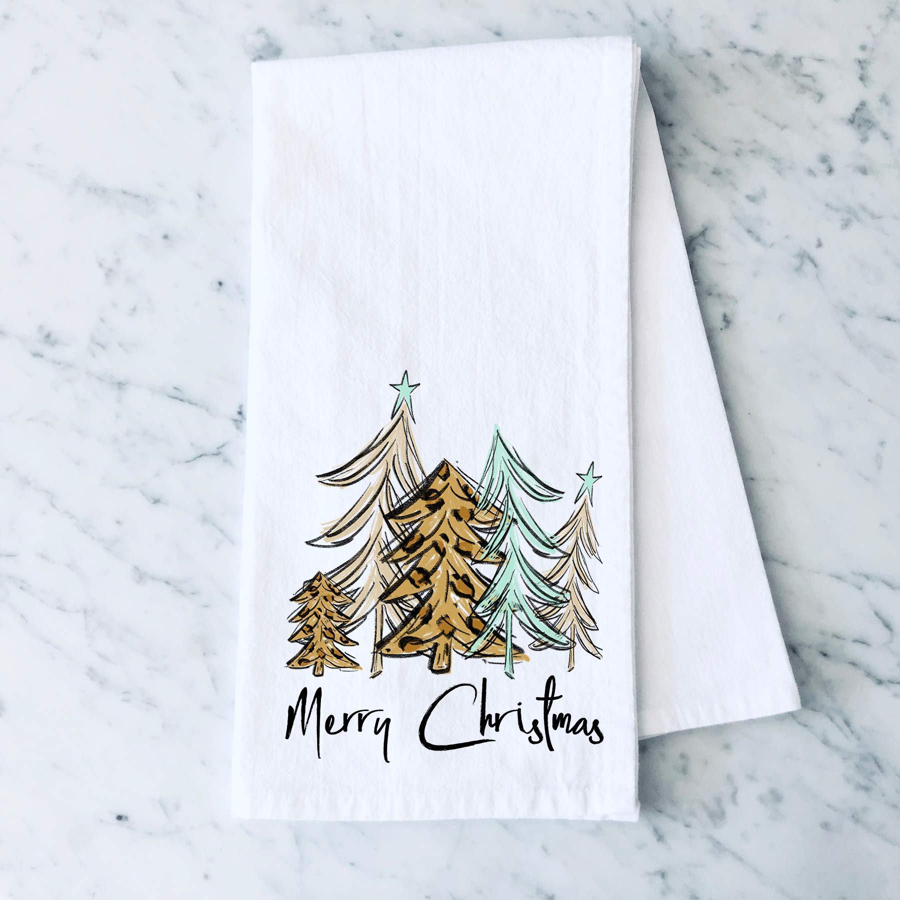 Merry Christmas Leopard Print Tree Flour Sack Kitchen Towel Holiday Home Decor