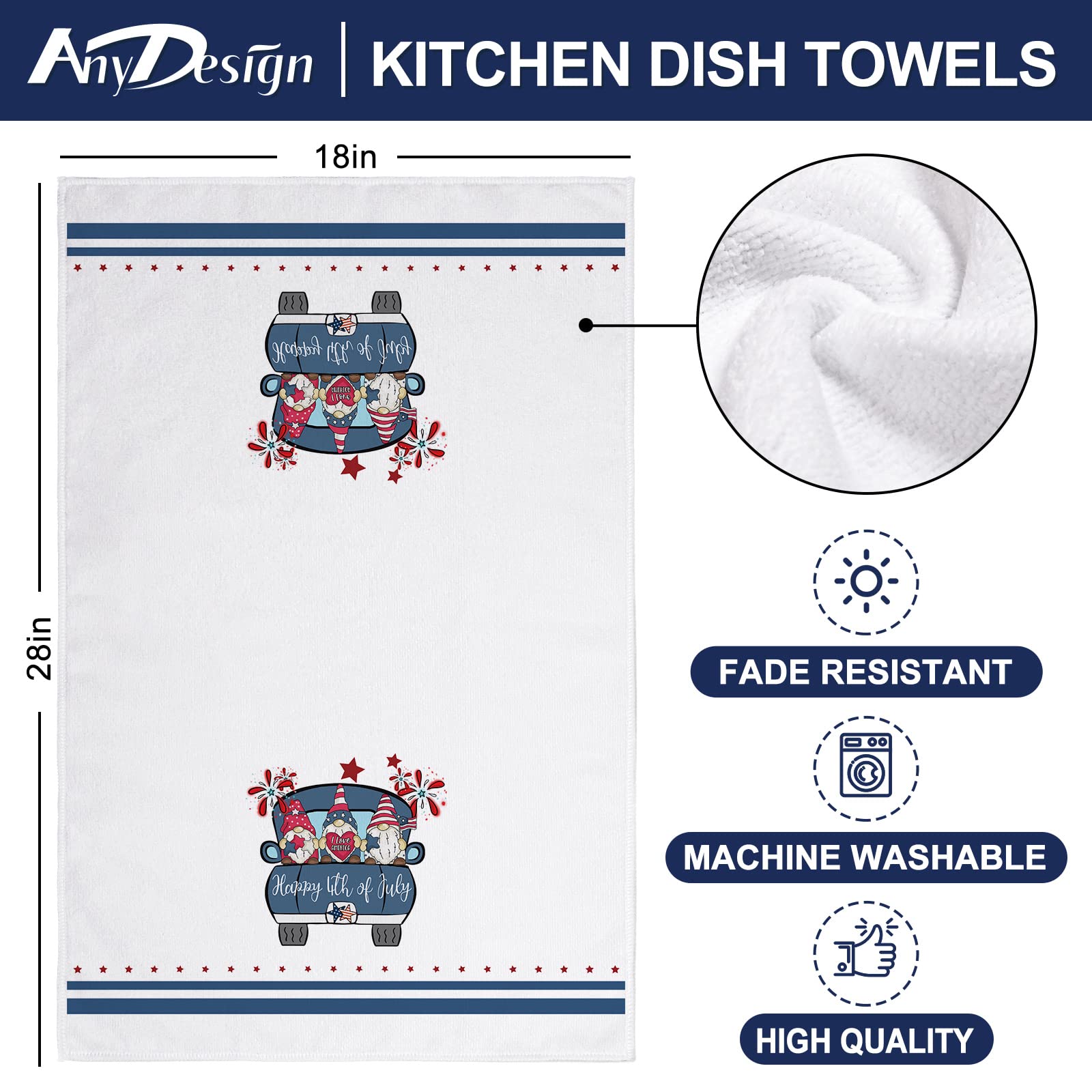 AnyDesign 4th of July Kitchen Dish Towel 18 x 28 Patriotic Gnome Truck Dishcloth Red Blue Star Flower American Flag Cloth Tea Towel Decorative Hand Towel for Bathroom Cooking Baking, 2Pcs