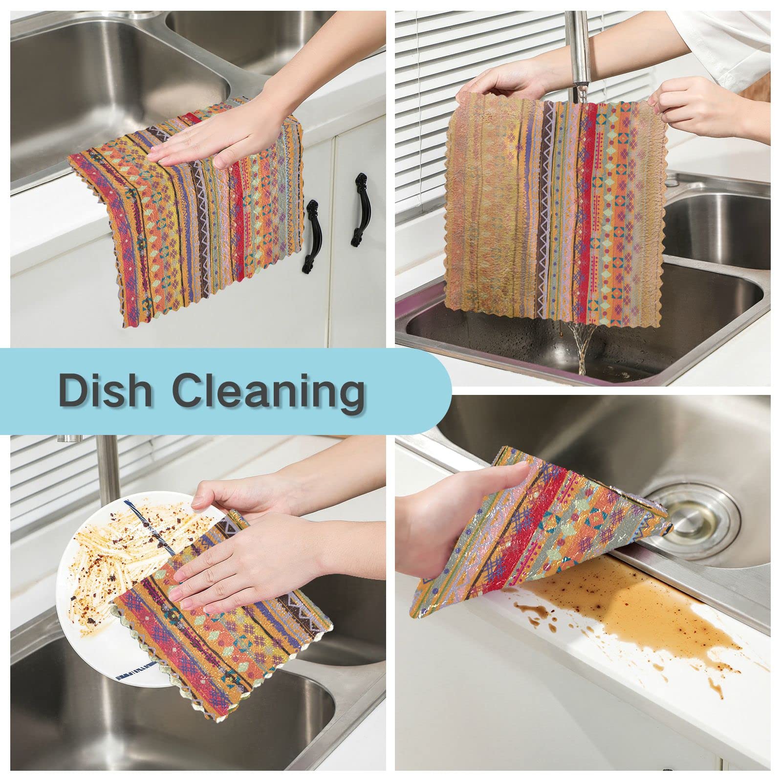 CaTaKu Ethnic Boho Kitchen Dish Cloths, 6 Pack Reusable Dish Rags for Washing Dishes, Microfiber Cleaning Cloths Dish Towels Washcloths for Kitchen Drying