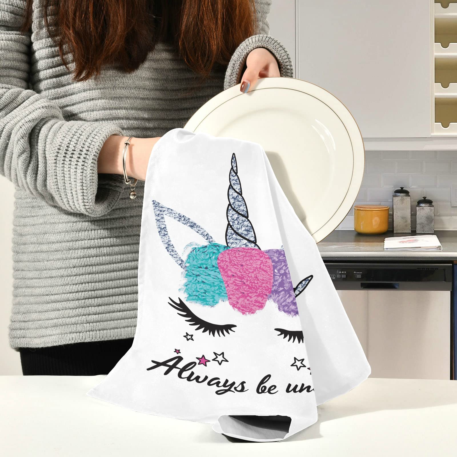 Tarity Cute Unicorn Kitchen Towels Set of 4 Pack Soft and Absorbent Dish Towels 28x18 in Large Cleaning Cloth Hand Towels with Hanging Loop Polyester Tea Towels Dish Rags