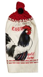 handcrafted cherry red crochet topped eggs rooster kitchen towel