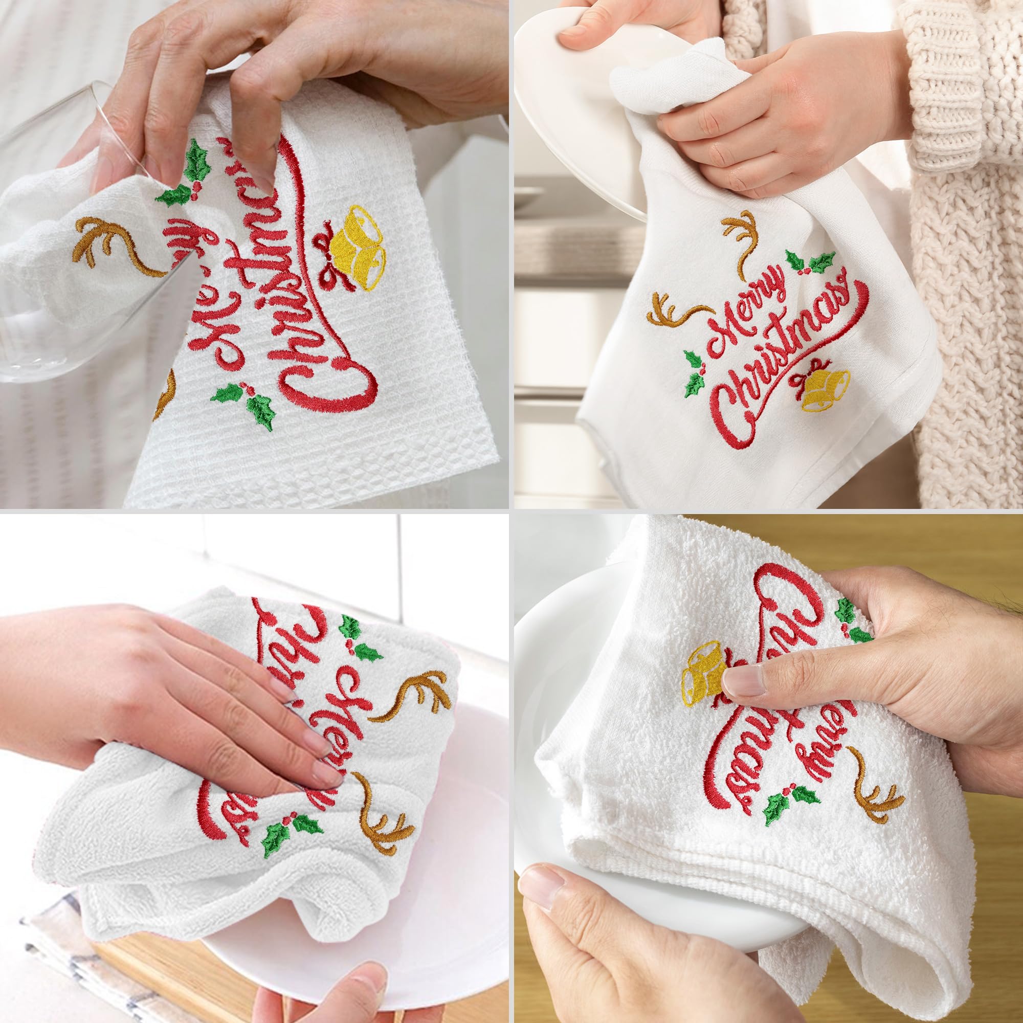 Christmas Hand Towels Cotton Embroidered Sets of 2 - Christmas Kitchen Towels Bathroom - Christmas Dish Towels Tea Dishcloths - Holiday Decorative Winter Xmas Tree Farmhouse Hostess Housewarming Gifts