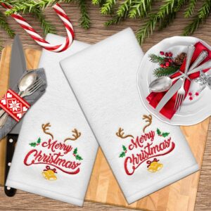 Christmas Hand Towels Cotton Embroidered Sets of 2 - Christmas Kitchen Towels Bathroom - Christmas Dish Towels Tea Dishcloths - Holiday Decorative Winter Xmas Tree Farmhouse Hostess Housewarming Gifts