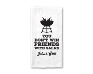 personalized you don't win friends with salad kitchen towel | custom waffle weave dish towel | personalized kitchen towel | men grilling gift | personalized dish towel | barbecue gift | men's gift
