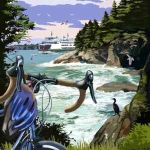 Lantern Press Whidbey Island, Washington, Coastal Scene, Bike and Ferry (12x18 Art Print, Travel Poster Wall Decor)