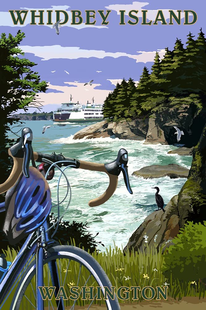 Lantern Press Whidbey Island, Washington, Coastal Scene, Bike and Ferry (12x18 Art Print, Travel Poster Wall Decor)