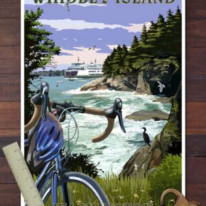 Lantern Press Whidbey Island, Washington, Coastal Scene, Bike and Ferry (12x18 Art Print, Travel Poster Wall Decor)