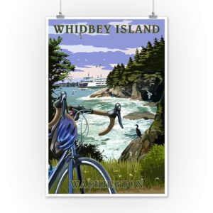 Lantern Press Whidbey Island, Washington, Coastal Scene, Bike and Ferry (12x18 Art Print, Travel Poster Wall Decor)