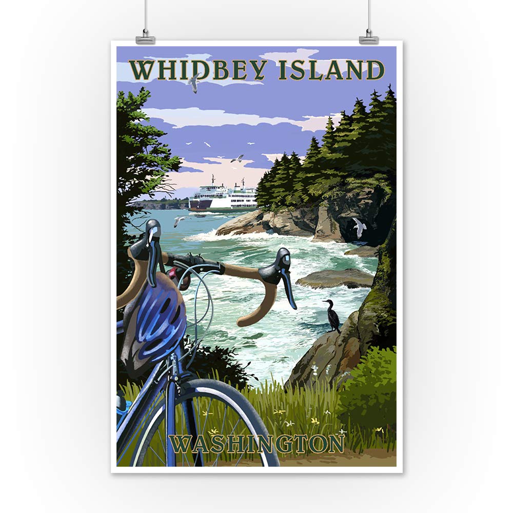 Lantern Press Whidbey Island, Washington, Coastal Scene, Bike and Ferry (12x18 Art Print, Travel Poster Wall Decor)