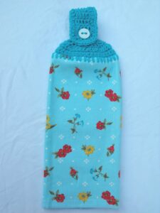 sweet rose turquoise floral crochet top hanging kitchen towel