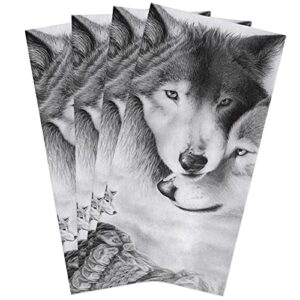 kitchen towels dishcloths set of 4, romantic wolf couple loving animal beast black white minimalist style absorbent dish towels dish cloths for drying kitchen hand towels decorative tea towels