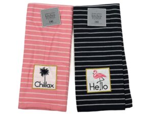generic design imports embellished flamingo pink and black striped kitchen dishtowels set of 2 18 inches x 28 inches hello and chillax, pink black