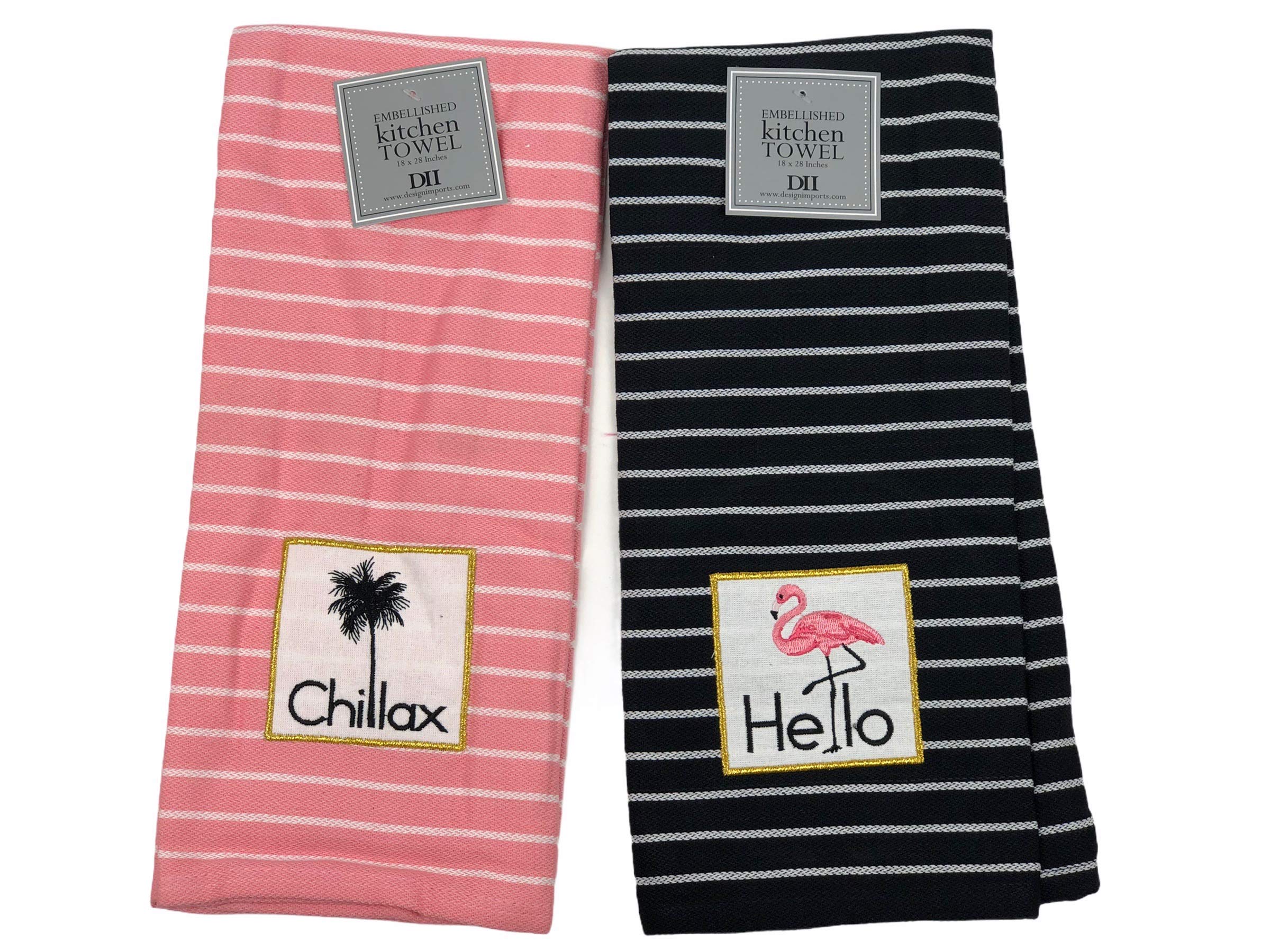 Generic Design Imports Embellished Flamingo Pink and Black Striped Kitchen Dishtowels Set of 2 18 inches x 28 inches Hello and Chillax, Pink Black